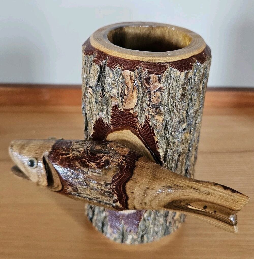 Wood Carved Fish Rustic Natural Pencil Holder Cabin Lodge Decor Fathers Day
